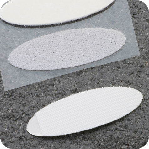 legatoria BolliniVelcroAutoadesivi. ovali. ULTRASOTTILI. 35x12mm BIANCO, ganci extra sottili, coppie maschio-femmina venduti a coppie disposte su un unico rotolo.