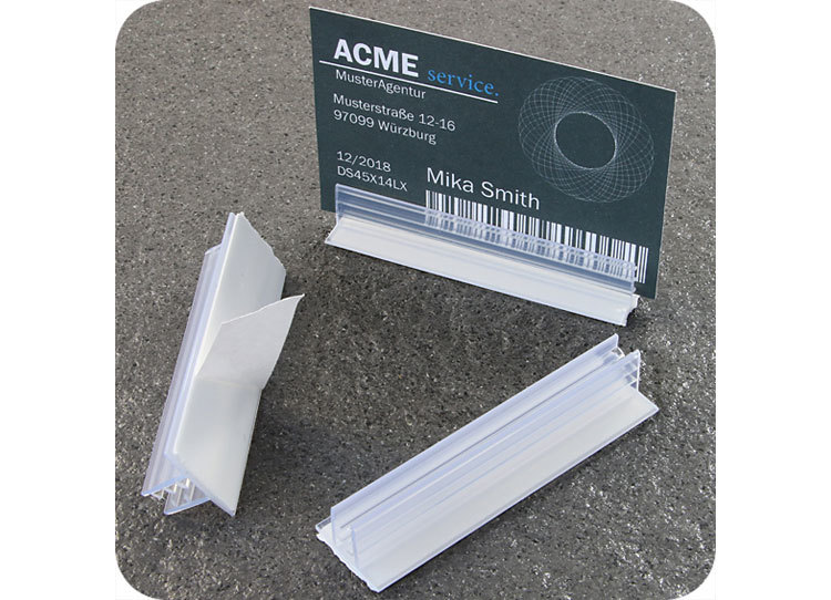 legatoria Porta cartellino autoadesivo base75x19mm TRASPARENTE, angolo di 90 gradi. Base autoadesiva in schiuma di polietilene leg2695