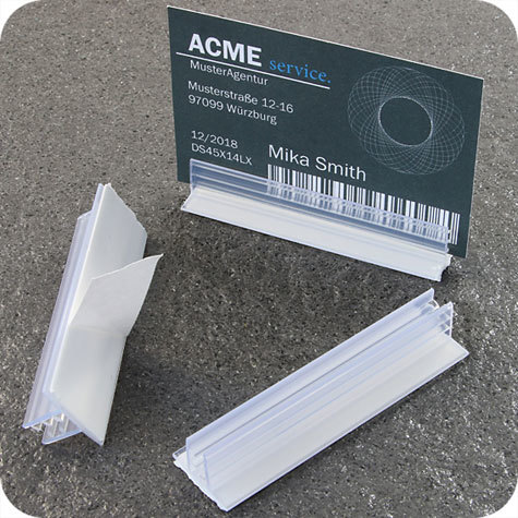legatoria Porta cartellino autoadesivo base75x19mm TRASPARENTE, angolo di 90 gradi. Base autoadesiva in schiuma di polietilene.