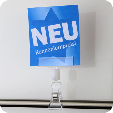 legatoria Doppia molletta Piccola-Portacartellino altezza 85mm TRASPARENTE in policarbonato. Composta da 2 mollette, 1 PICCOLA (38x21mm) e 1 PORTACARTELLINO (50x15mm) collegate da giunto a sfera. Altezza totale 78mm.