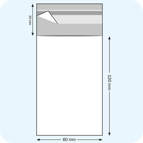 legatoria Sacchetto polipropilene orientato (OPP) 60x120mm TRASPARENTE, in polipropilene (OPP) da 30 micron, con patella da 30mm e banda autoadesiva di chiusura sul lato corto.