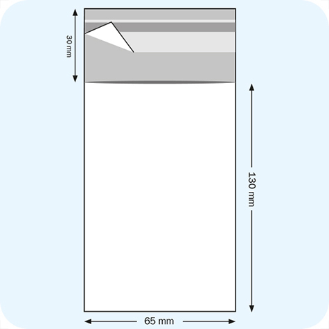 legatoria Sacchetto polipropilene orientato (OPP) 60x130mm TRASPARENTE, in polipropilene (OPP) da 30 micron, con patella da 30mm e banda autoadesiva di chiusura sul lato corto.
