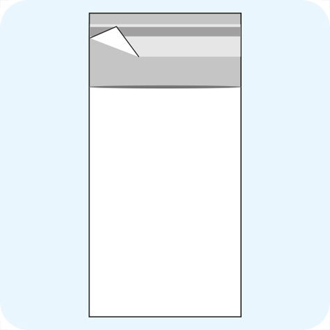 legatoria Sacchetto polipropilene orientato (OPP) 65x130mm TRASPARENTE, in polipropilene (OPP) da 30 micron, con patella da 30mm e banda autoadesiva di chiusura sul lato corto.