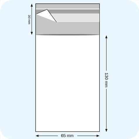 legatoria Sacchetto polipropilene orientato (OPP) 65x130mm TRASPARENTE, in polipropilene (OPP) da 30 micron, con patella da 30mm e banda autoadesiva di chiusura sul lato corto.