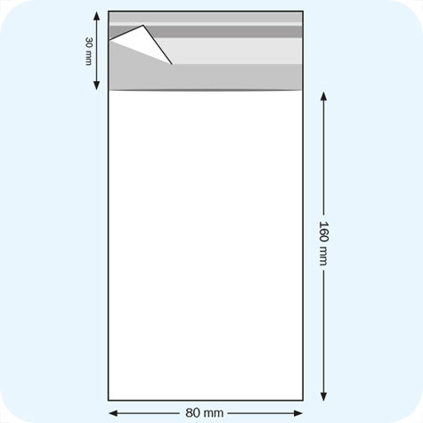 legatoria Sacchetto polipropilene orientato (OPP) 80x160mm TRASPARENTE, in polipropilene (OPP) da 30 micron, con patella da 30mm e banda autoadesiva di chiusura sul lato corto.