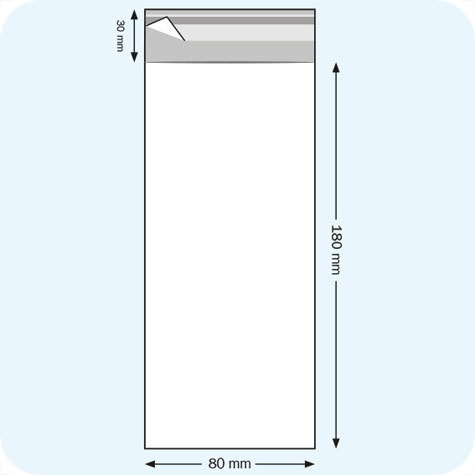 legatoria Sacchetto polipropilene orientato (OPP) 80x180mm TRASPARENTE, in polipropilene (OPP) da 30 micron, con patella da 30mm e banda autoadesiva di chiusura sul lato corto.