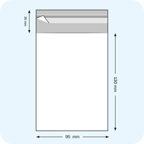 legatoria Sacchetto polipropilene orientato (OPP) 95x130mm TRASPARENTE, in polipropilene (OPP) da 30 micron, con patella da 30mm e banda autoadesiva di chiusura sul lato corto, adatta anche per mailing.