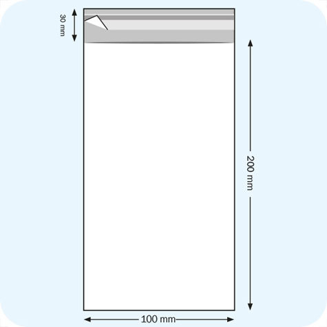legatoria Sacchetto polipropilene orientato (OPP) 100x200mm TRASPARENTE, in polipropilene (OPP) da 30 micron, con patella da 30mm e banda autoadesiva di chiusura sul lato corto.