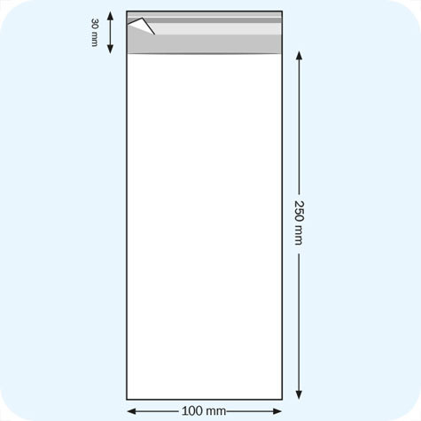 legatoria Sacchetto polipropilene orientato (OPP) 100x250mm TRASPARENTE, in polipropilene (OPP) da 30 micron, con patella da 30mm e banda autoadesiva di chiusura sul lato corto.