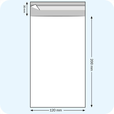 legatoria Sacchetto polipropilene orientato (OPP) 120x200mm TRASPARENTE, in polipropilene (OPP) da 30 micron, con patella da 30mm e banda autoadesiva di chiusura sul lato corto, adatta anche per mailing.