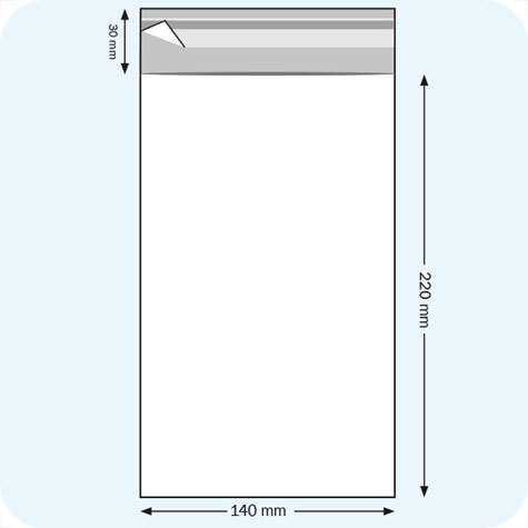legatoria Sacchetto polipropilene orientato (OPP) 140x220mm TRASPARENTE, in polipropilene (OPP) da 30 micron, con patella da 30mm e banda autoadesiva di chiusura sul lato corto, adatta anche per mailing.