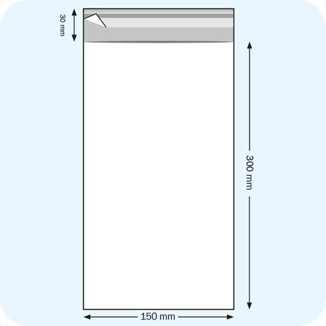 legatoria Sacchetto polipropilene orientato (OPP) 150x300mm TRASPARENTE, in polipropilene (OPP) da 30 micron, con patella da 30mm e banda autoadesiva di chiusura sul lato corto, adatta anche per mailing.
