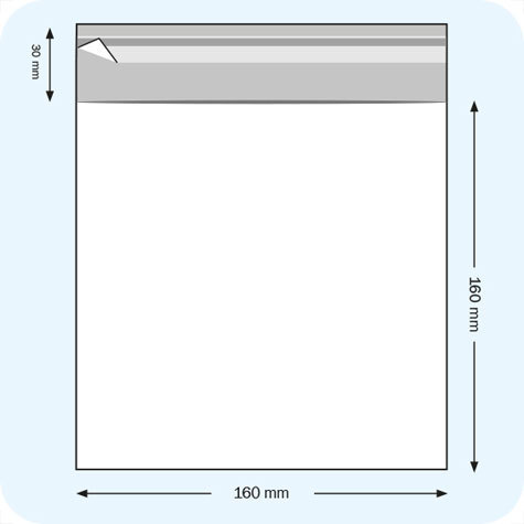 legatoria Sacchetto polipropilene orientato (OPP) 160x160mm TRASPARENTE, in polipropilene (OPP) da 30 micron, con patella da 30mm e banda autoadesiva di chiusura sul lato corto, adatta anche per mailing.
