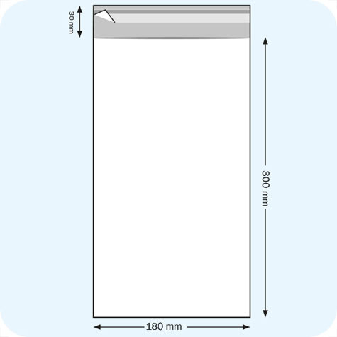 legatoria Sacchetto polipropilene orientato (OPP) 180x300mm TRASPARENTE, in polipropilene (OPP) da 30 micron, con patella da 30mm e banda autoadesiva di chiusura sul lato corto, adatta anche per mailing.