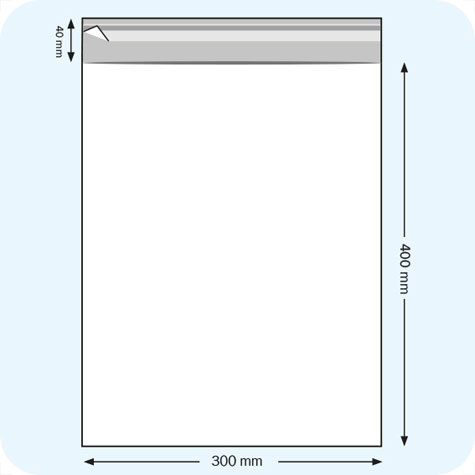 legatoria Sacchetto polipropilene orientato (OPP) 300x400mm TRASPARENTE, in polipropilene (OPP) da 30 micron, con patella da 30mm e banda autoadesiva di chiusura sul lato corto, adatta anche per mailing.