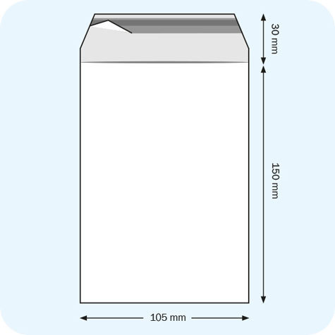 legatoria Sacchetto con chiusura autoadesiva, 105x150mm TRASPARENTE, in polietilene da 50 micron, con patella da 40mm e banda autoadesiva di chiusura sul lato corto, adatta anche per mailing.