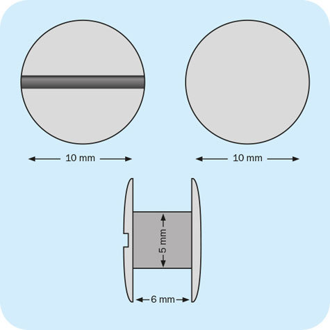 legatoria Viti sepolte rilegatura verniciate, 6mm NERO, in metallo verniciato, lunghezza mm 6. Testa diametro 10mm, tubetto diametro 5mm, una testa fissa ed una mobile. Per lunghezza, si intende la distanza INTERNA tra le due teste, che corrisponde allo spessore del volume da rilegare.