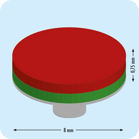 legatoria Calamita autoadesiva, diametro 8mm Calamita cilindrica con rivestimento superficiale nichelato, spessore 0,75mm, dischi magnetici al neodimio, calamita con grado magnetico N35. Forza di attrazione massima: 200 grammi.