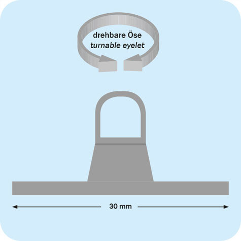 legatoria Basetta autoadesive con occhiello girevole, 30x30mm BIANCO, in plastica bianca, sezione quadrangolare. Con occhiello girevole.