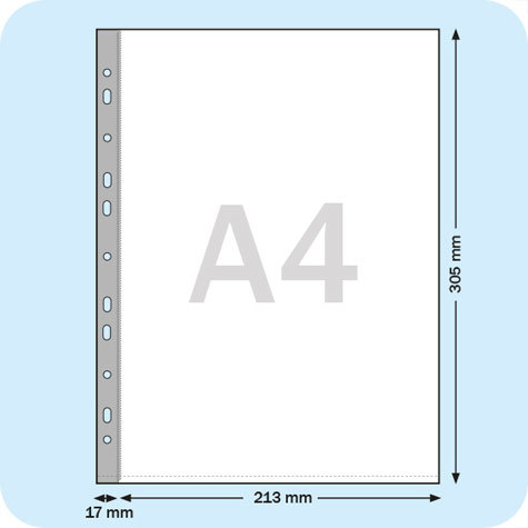 legatoria Buste per raccoglitori 4anelli, 210x300mm, A4 TRASPARENTE, in polipropilene (PP) da 55 micron, passo 80mm. 11 buchi.