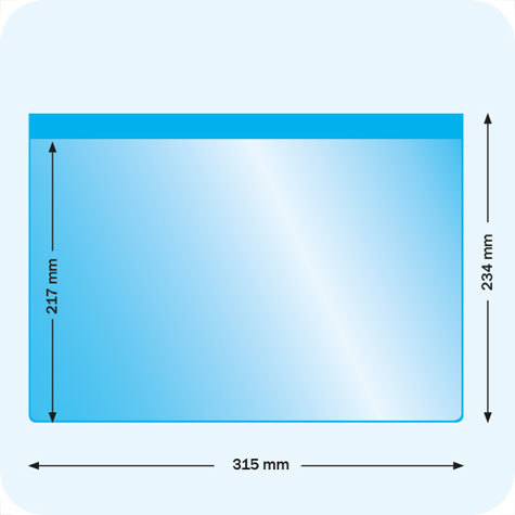 legatoria Busta magnetica, A4. Aperta sul lato lungo BLU. 315x217-234mm. Con striscia magnetica posteriore. Lato superiore In PVC trasparente morbido da 250 micron. Lato inferiore in PVC blu da 300 micron.