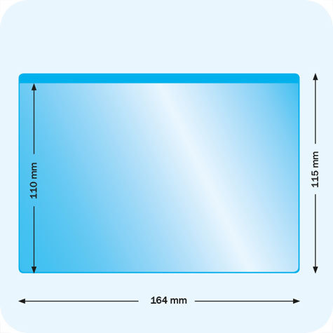 legatoria Busta con magneti. 164x110mm VERDE. 164x110-115mm. Con striscia magnetica posteriore 150x20mm. Lato superiore In PVC trasparente morbido da 250 micron. Lato inferiore in PVC blu da 300 micron.