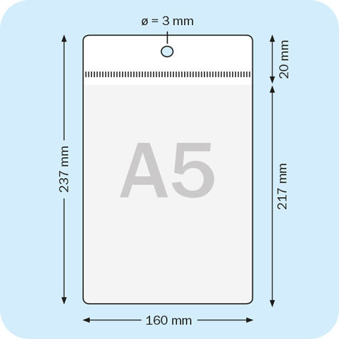 legatoria Busta APPENDIBILE 148x210mm(A5). PORTRAIT TRASPARENTE, con lato sporgente e con foro da 5mm per lappensione, in PVC morbido da 160 micron, aperta sul lato corto. Contiene fogli formato A5 (15x21cm). Formato esterno 157x228mm. Senza patella di chiusura.