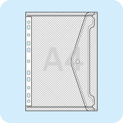 legatoria Busta con perforazione universale, A4 TRASPARENTE, in polipropilene da 180 micron, aperta sul lato lungo, formato A4 (210x297mm).Con patella di chiusura a bottone.