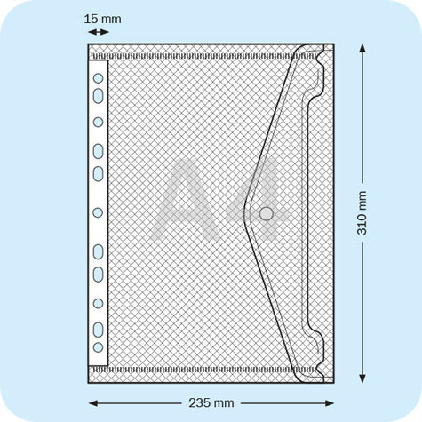 legatoria Busta con perforazione universale, A4 TRASPARENTE, in polipropilene da 180 micron, aperta sul lato lungo, formato A4 (210x297mm).Con patella di chiusura a bottone.
