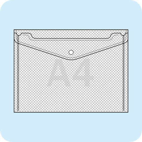 legatoria Busta bottone, A4, con rinforzi TRASPARENTE, in polipropilene da 180 micron RINFORZATO CON FIBRE DI NYLON,aperta sul lato lungo, formato A4 (210x297mm).Con patella di chiusura a bottone..