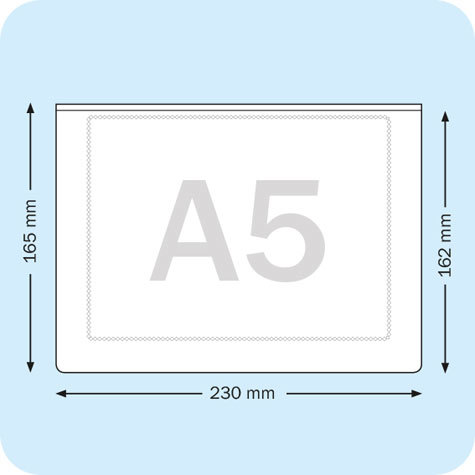 legatoria Pocket. Tasca rettangolare A5 (148x210mm) in vinile trasparente (colla acrilica trasparente), apertura sul lato lungo. Pu contenere fino a 10mm di spessore.