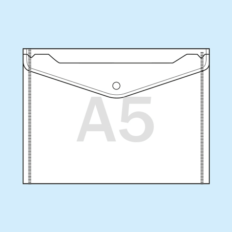 legatoria Busta bottone, A5 TRASPARENTE, in polipropilene da 180 micron, aperta sul lato lungo, formato A5 (235x180mm).Con patella di chiusura a bottone..