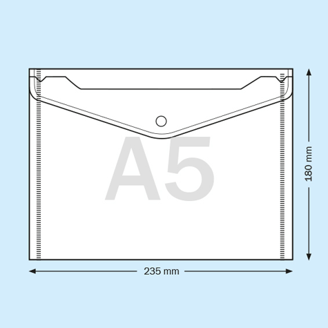 legatoria Busta bottone, A5 TRASPARENTE, in polipropilene da 180 micron, aperta sul lato lungo, formato A5 (235x180mm).Con patella di chiusura a bottone..