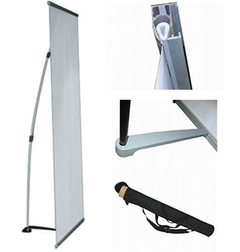 legatoria Porta banner a -L-, 600x2000mm Porta banner a -L-. Interamente in alluminio. Dotato di pesante piede di appoggio e gommatura anti-scivolamento. Asta telescopica regolabile fino a 200cm. Sistema di aggancio banner facile e sicuro. Comodo trasporto grazie alla sacca rigida in tessuto. Dimensioni 60x200cm. Peso 2,8 Kg.