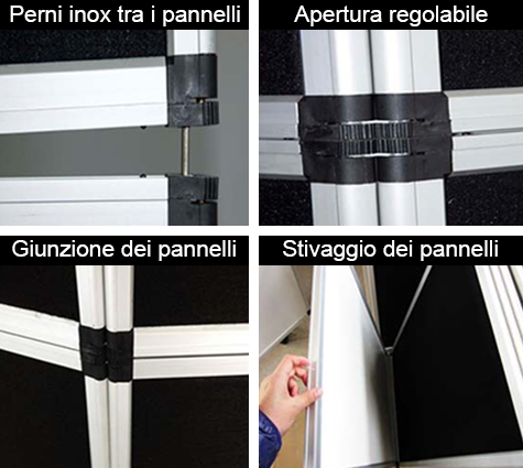 legatoria Muro di 6 pannelli 600x900mm Muro a 6 pannelli porta locandine. Struttura in alluminio. Solida articolazione tra i pannelli. Montaggio rapidissimo. Smontato, sta tutto nella sacca di trasporto in tessuto: 60x90x9cm. Altezza 180cm. Larghezza 180cm, 8 Kg.