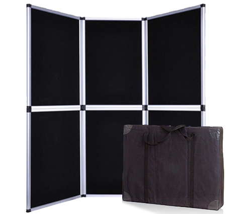 legatoria Muro di 6 pannelli 600x900mm Muro a 6 pannelli porta locandine. Struttura in alluminio. Solida articolazione tra i pannelli. Montaggio rapidissimo. Smontato, sta tutto nella sacca di trasporto in tessuto: 60x90x9cm. Altezza 180cm. Larghezza 180cm, 8 Kg.