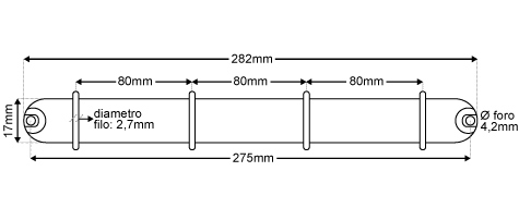 legatoria Meccanismo rotondo 4anelli. Contiene 13mm A SERPENTINA. Lunghezza totale del meccanismo 273mm, interasse degli anelli 80mm, capacit degli anelli fino a spessore di 11mm, interasse dei fori 265mm, diametro dei fori 4,2mm, larghezza della base 15mm, larghezza totale 19mm, altezza totale 19mm, diametro filo 2,3mm.