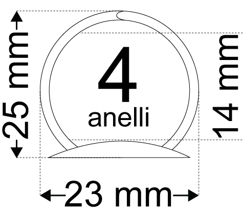 legatoria Meccanismo rotondo 4anelli. Contiene 14mm A PIASTRE. Lunghezza totale del meccanismo 282mm, interasse degli anelli 80mm, capacit degli anelli fino a spessore di 14mm, interasse dei fori 275mm, diametro dei fori 4,2mm, larghezza della base 17mm, larghezza totale 23m, altezza totale 25mm, diametro filo 2,7mm.