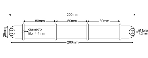 legatoria Meccanismo -D- 4 anelli, contiene 25mm A PIASTRA. Lunghezza totale del meccanismo 285mm, interasse degli anelli 80mm, capacit degli anelli 25mm, interasse fori di fissaggio 275mm, diametro dei fori 4,2mm, larghezza della base 20mm, larghezza totale 29mm, altezza totale 35mm, diametro filo 3,4mm.