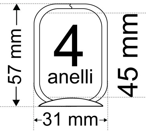 legatoria Meccanismo -D- 4 anelli, contiene 25mm A PIASTRA. Lunghezza totale del meccanismo 285mm, interasse degli anelli 80mm, capacit degli anelli 25mm, interasse fori di fissaggio 275mm, diametro dei fori 4,2mm, larghezza della base 20mm, larghezza totale 29mm, altezza totale 35mm, diametro filo 3,4mm.