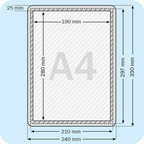 legatoria Cornice alluminio a scatto, A4 ANGOLI ARROTONDATI. Per fogli di dimensione A4(210x297mm). Dimensioni esterne: 240x330mm. Area visibile: 190x280mm. Altezza profilo: 25mm. La cornice � dotata di foglio protettivo in PVC trasparente antiriflesso.