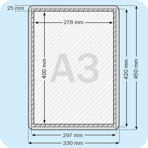 legatoria Cornice alluminio a scatto, A3 ANGOLI ARROTONDATI. Per fogli di dimensione A3(297x420mm). Dimensioni esterne: 330x450mm. Area visibile: 278x400mm. Altezza profilo: 25mm. La cornice � dotata di foglio protettivo in PVC trasparente antiriflesso.