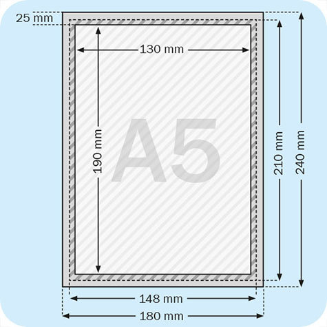 legatoria Cornice alluminio. scatto. A5 ARGENTO ANGOLI SQUADRATI. Per fogli di dimensione A5 (148x210mm). Dimensioni esterne: 180x240mm. Area visibile: 130x190mm. Altezza profilo: 25mm. La cornice � dotata di foglio protettivo in PVC trasparente antiriflesso..