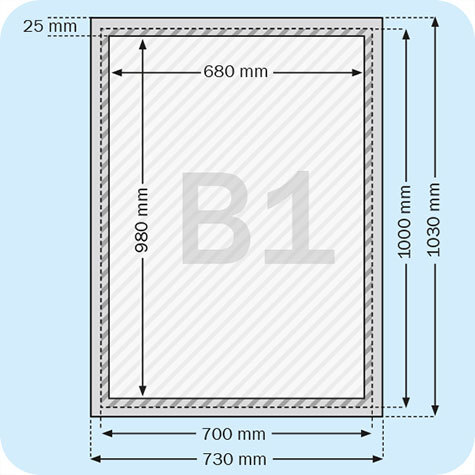 legatoria Cornice alluminio a scatto, B1 ANGOLI ARROTONDATI. Per fogli di dimensione B1(700x1000mm). Dimensioni esterne: 730x1030mm. Area visibile: 680x980mm. Altezza profilo: 25mm. La cornice � dotata di foglio protettivo in PVC trasparente antiriflesso.