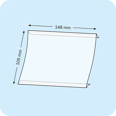 legatoria PortaLocandinaAutoadesivo A6orizzontale 105x148mm PortaCartello TRASPARENTE, con 2 strip ADESIVI, formato A6 (105x148mm). In PVC rigido da 400 micron antiriflesso.