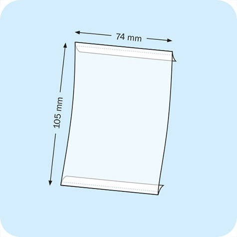 legatoria PortaLocandinaAutoadesiva A7verticale 74x105mm PortaCartello TRASPARENTE, con 2 strip ADESIVI, formato A7 (74x105mm). In PVC rigido da 400 micron antiriflesso.
