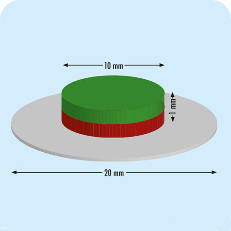 legatoria Calamita magnetica Ufo, Polo SUD Diametro: 10mm. Altezza: 1mm. Calamita con grado magnetico N45 (forza di attrazione massima:1000g), Prodotto da utilizzare associato a  MS.U.10.1.20.N45.N.06.