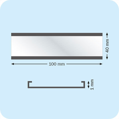 legatoria Porta etichette magnetico 40x100mm Altezza 40mm, lunghezza 100mm, spessore 1mm. Il porta etichette include etichetta in carta e una pellicola protettiva trasparente. Magnete isotropo.