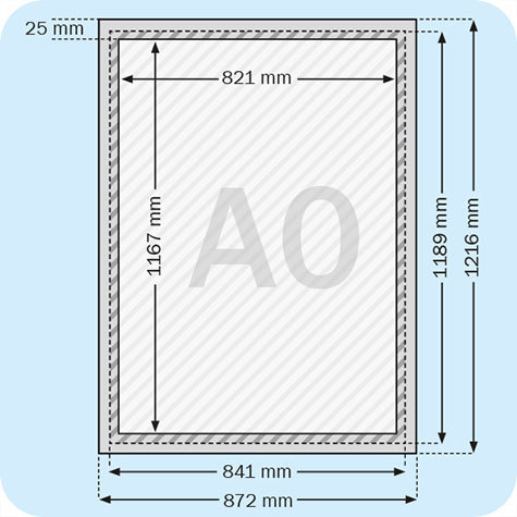 legatoria Cornice alluminio. scatto. A0 ARGENTO ANGOLI SQUADRATI. Per fogli di dimensione A0(841x1189mm). Dimensioni esterne:872x1216mm. Area visibile: 820x1167mm. Altezza profilo: 25mm. La cornice � dotata di foglio protettivo in PVC trasparente antiriflesso.