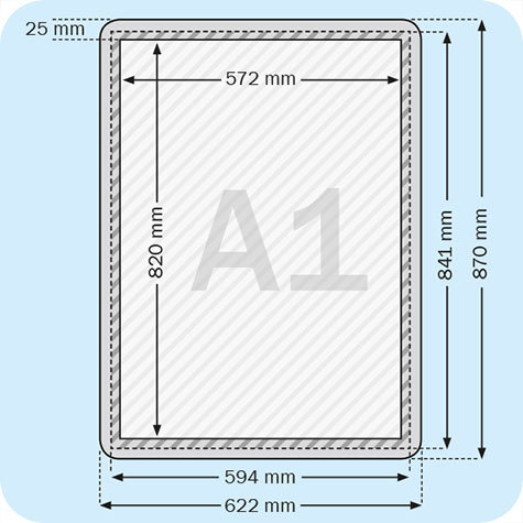 legatoria Porta manifesti da pavimento, A1 Formato A1 (594x841 mm). Formato esterno 575x820mm. Doppia facciata. Profilo in alluminio spessore 25mm. Angoli arrotondati.